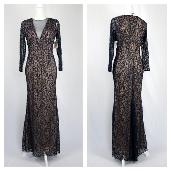 New Navy Long Lace Beaded Dress Long Sleeve - Picture 4 of 11